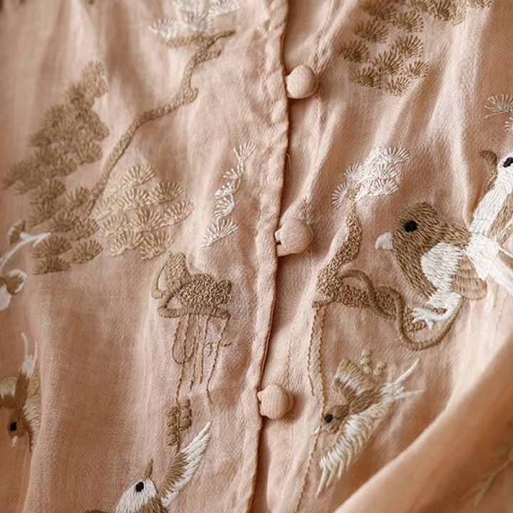 Camicetta casual con scollo rotondo Buddha Stones, ricamo, manica lunga, in cotone e lino, camicette da donna - image 1