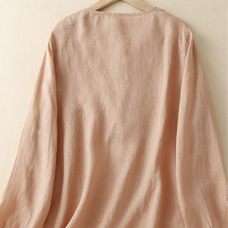 Camicie da donna in cotone e lino con scollo rotondo, maniche lunghe , Buddha Stones, casual, con ricamo floreale - image 1