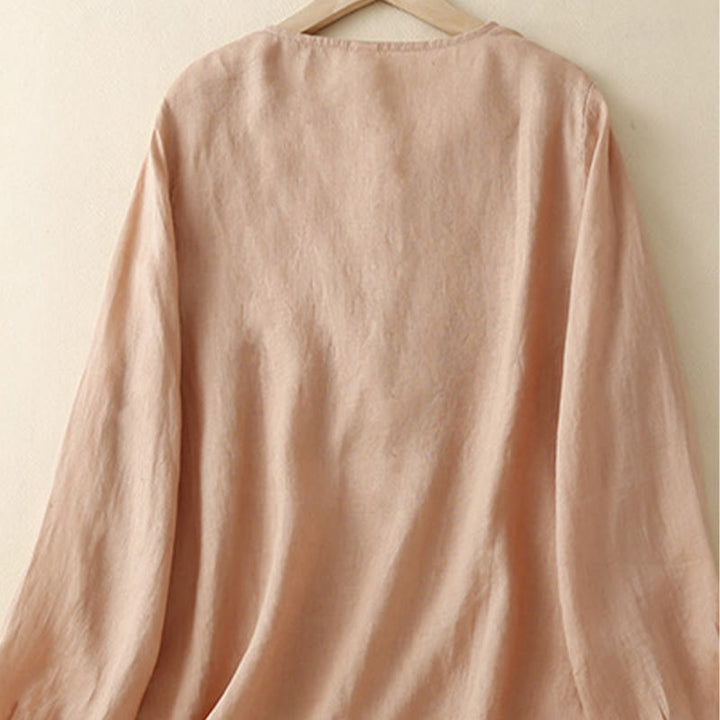 Camicie da donna in cotone e lino con scollo rotondo, maniche lunghe , Buddha Stones, casual, con ricamo floreale - image 1