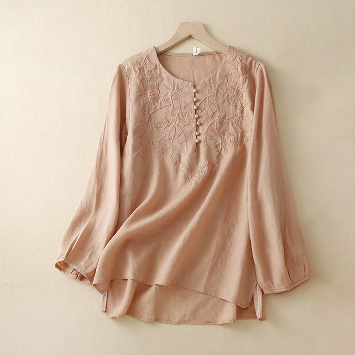 Camicie da donna in cotone e lino con scollo rotondo, maniche lunghe , Buddha Stones, casual, con ricamo floreale - Salmone chiaro - US/UK/AU40, EU50 (2XL) - image 0