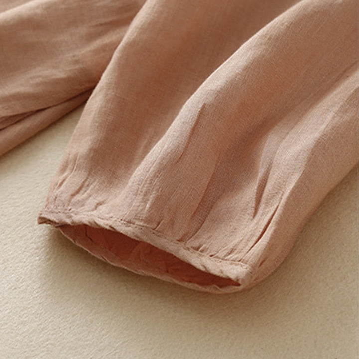 Camicie da donna in cotone e lino con scollo rotondo, maniche lunghe , Buddha Stones, casual, con ricamo floreale - image 6