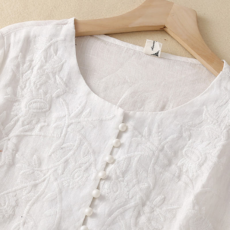 Camicie da donna in cotone e lino con scollo rotondo, maniche lunghe , Buddha Stones, casual, con ricamo floreale - image 19