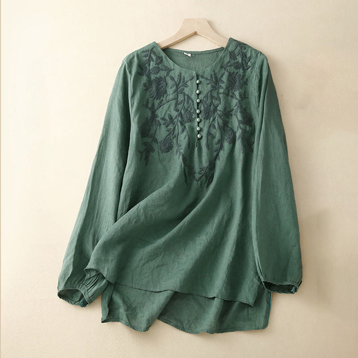 Camicie da donna in cotone e lino con scollo rotondo, maniche lunghe , Buddha Stones, casual, con ricamo floreale - Verde acqua - US/UK/AU40, EU50 (2XL) - image 24
