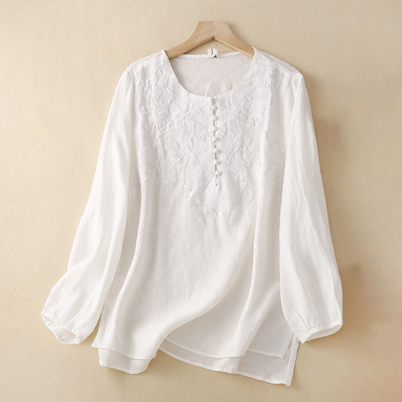 Camicie da donna in cotone e lino con scollo rotondo, maniche lunghe , Buddha Stones, casual, con ricamo floreale - Bianco - US/UK/AU40, EU50 (2XL) - image 18