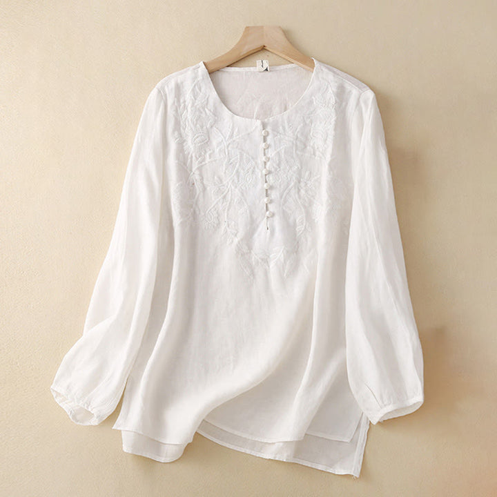 Camicie da donna in cotone e lino con scollo rotondo, maniche lunghe , Buddha Stones, casual, con ricamo floreale - Bianco - US/UK/AU40, EU50 (2XL) - image 18