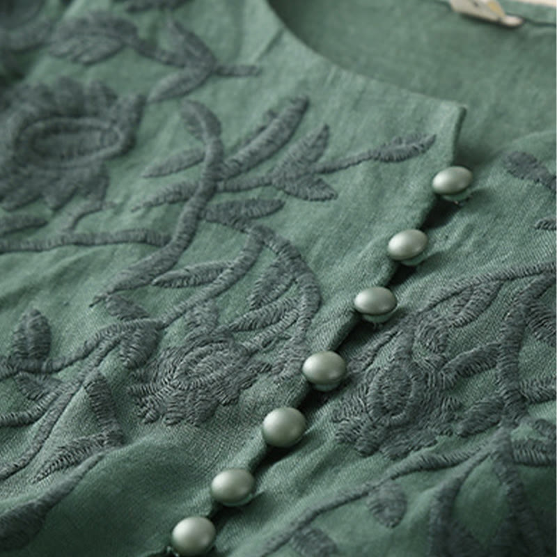 Camicie da donna in cotone e lino con scollo rotondo, maniche lunghe , Buddha Stones, casual, con ricamo floreale - image 26