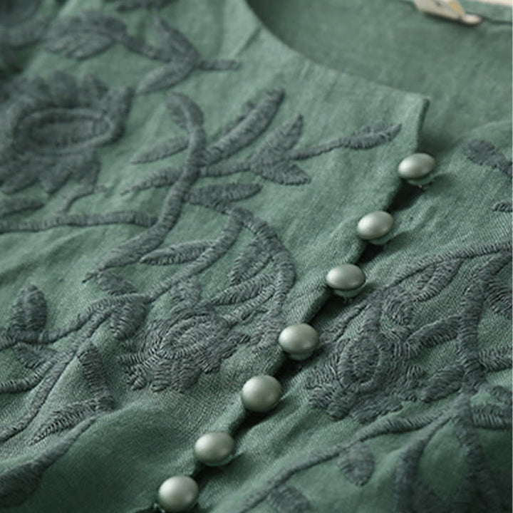 Camicie da donna in cotone e lino con scollo rotondo, maniche lunghe , Buddha Stones, casual, con ricamo floreale - image 26