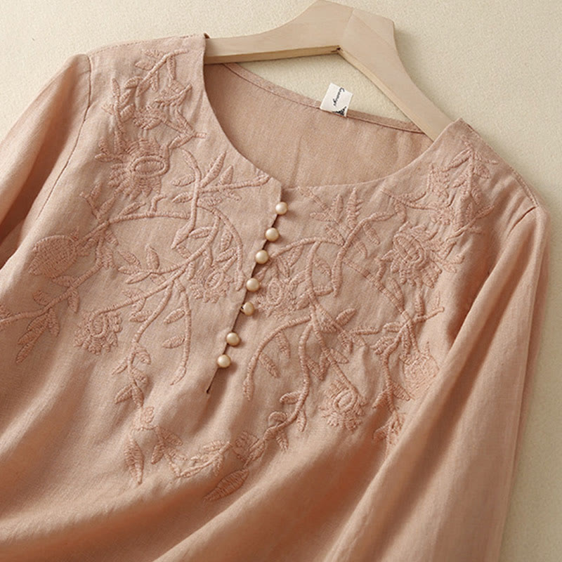 Camicie da donna in cotone e lino con scollo rotondo, maniche lunghe , Buddha Stones, casual, con ricamo floreale - image 2