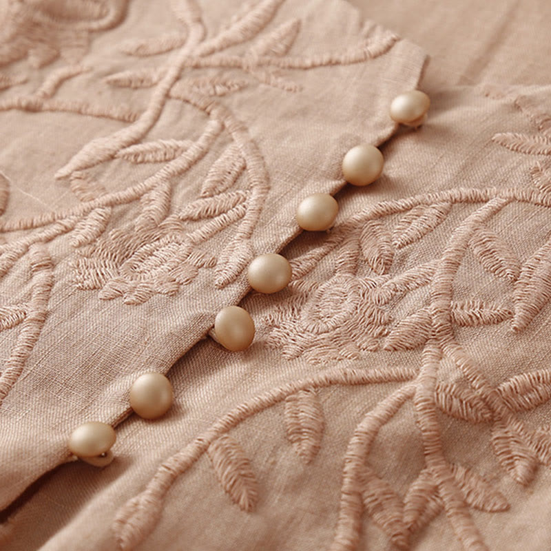 Camicie da donna in cotone e lino con scollo rotondo, maniche lunghe , Buddha Stones, casual, con ricamo floreale - image 4