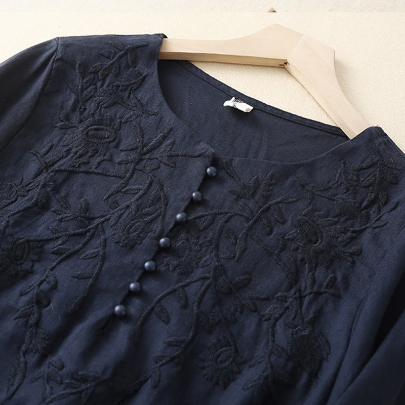 Camicie da donna in cotone e lino con scollo rotondo, maniche lunghe , Buddha Stones, casual, con ricamo floreale - image 12