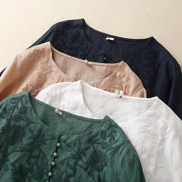 Camicie da donna in cotone e lino con scollo rotondo, maniche lunghe , Buddha Stones, casual, con ricamo floreale - image 30
