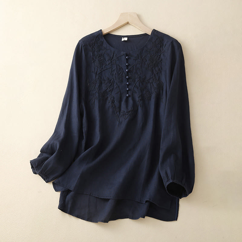 Camicie da donna in cotone e lino con scollo rotondo, maniche lunghe , Buddha Stones, casual, con ricamo floreale - Blu mezzanotte - US/UK/AU40, EU50 (2XL) - image 11