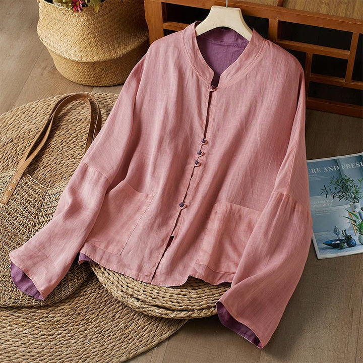 Camicia da donna in cotone e lino, casual, tinta unita, a maniche lunghe, con scollo a V, taglie forti, motivo Buddha Stones