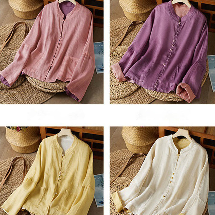 Camicia da donna in cotone e lino, casual, tinta unita, a maniche lunghe, con scollo a V, taglie forti, motivo Buddha Stones