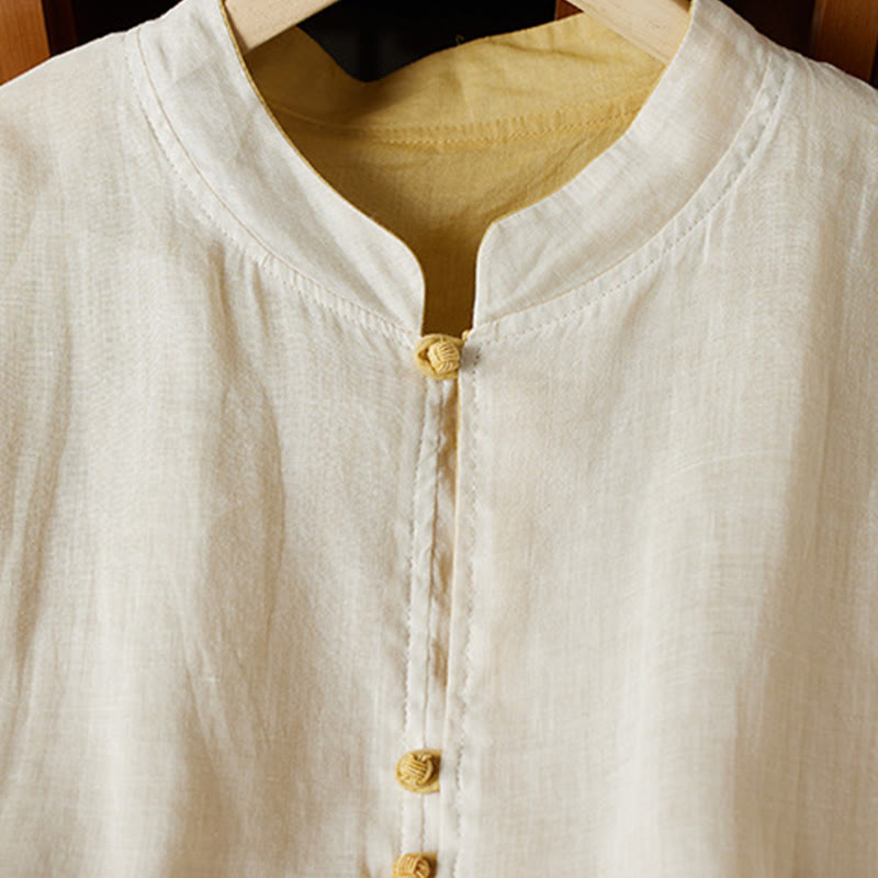 Camicia da donna in cotone e lino, casual, tinta unita, a maniche lunghe, con scollo a V, taglie forti, motivo Buddha Stones