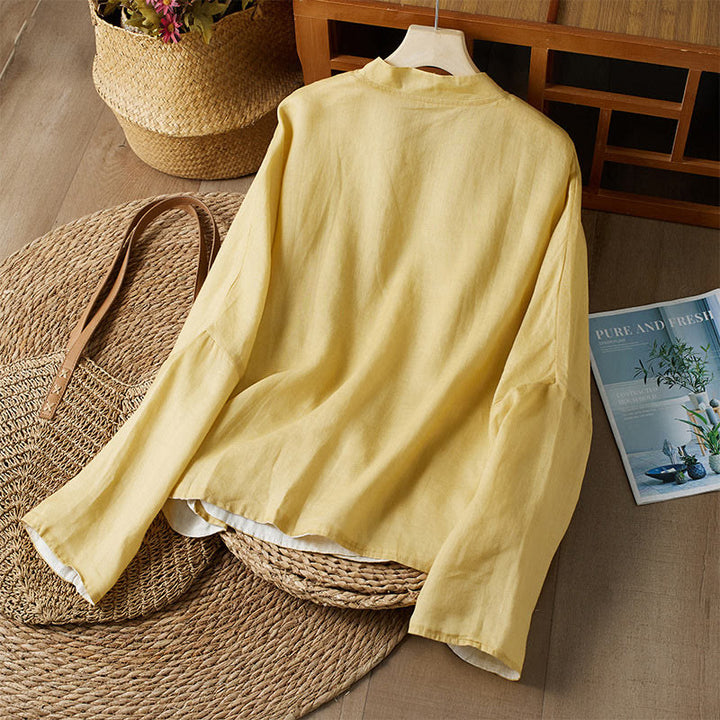 Camicia da donna in cotone e lino, casual, tinta unita, a maniche lunghe, con scollo a V, taglie forti, motivo Buddha Stones