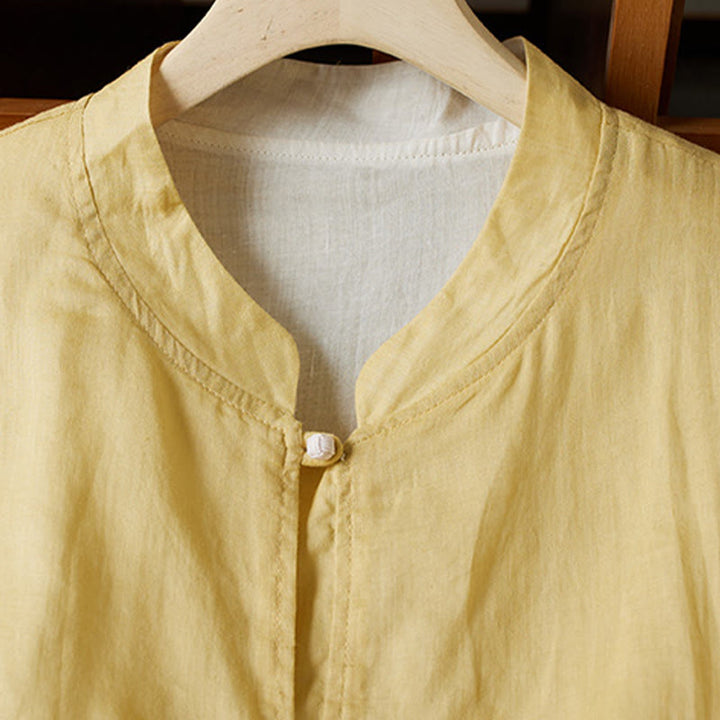 Camicia da donna in cotone e lino, casual, tinta unita, a maniche lunghe, con scollo a V, taglie forti, motivo Buddha Stones
