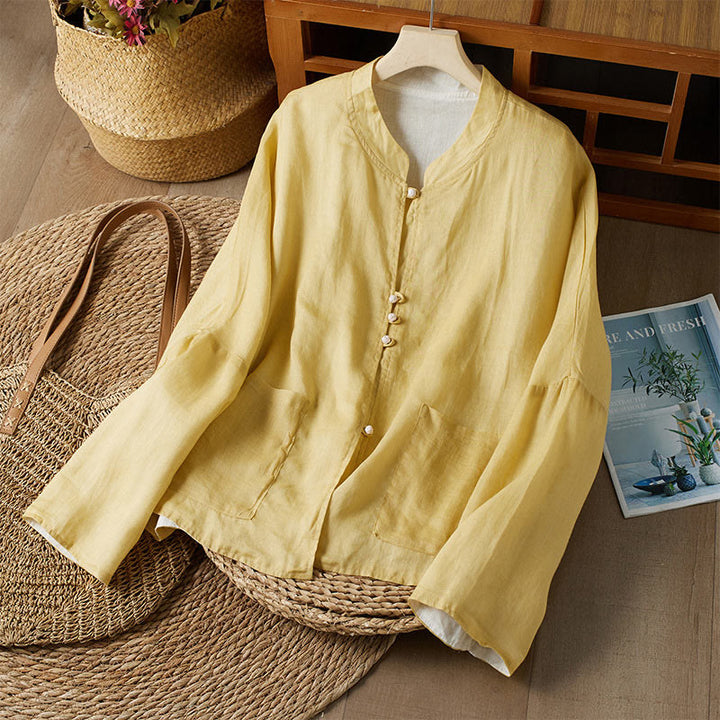 Camicia da donna in cotone e lino, casual, tinta unita, a maniche lunghe, con scollo a V, taglie forti, motivo Buddha Stones - Giallo e bianco - US14, UK/AU18, EU46 (2XL) - image 0
