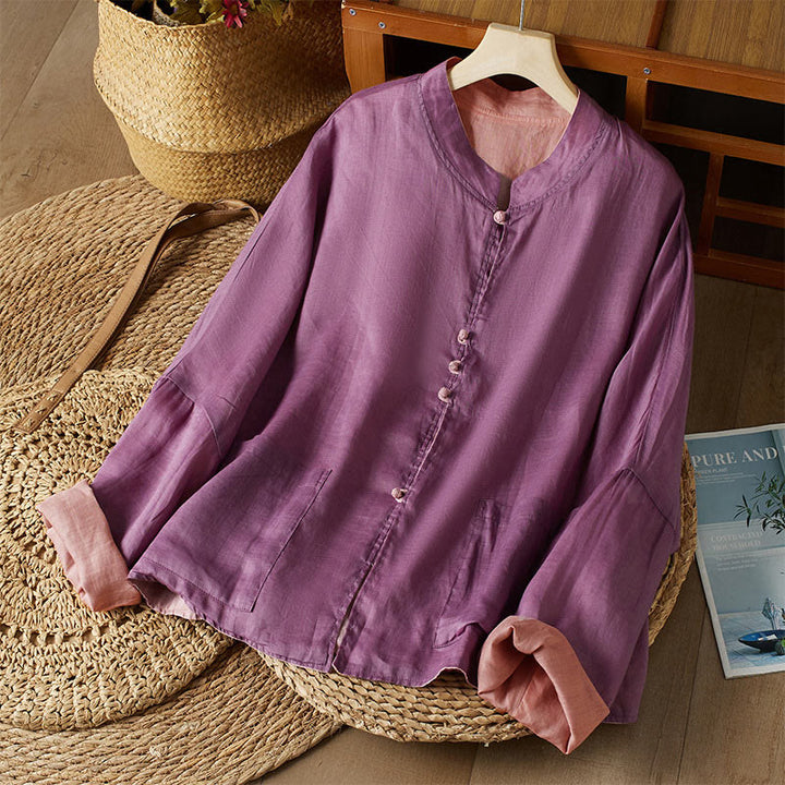 Camicia da donna in cotone e lino, casual, tinta unita, a maniche lunghe, con scollo a V, taglie forti, motivo Buddha Stones