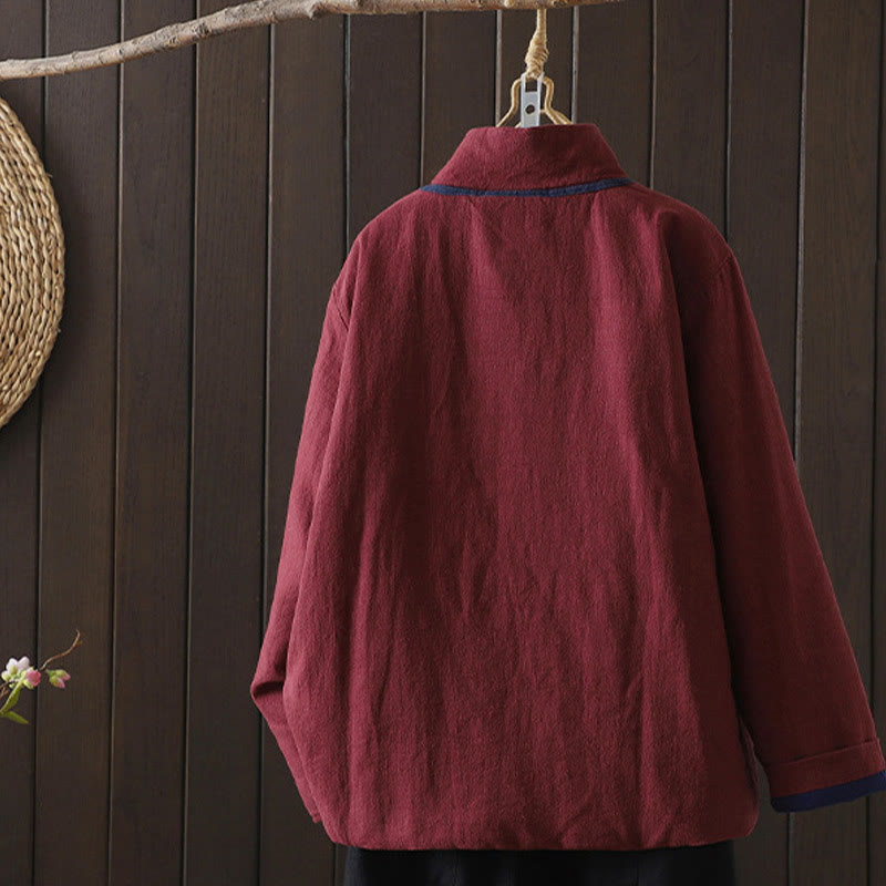 Giacca da donna in cotone e lino con collo alto e bottoni a rana, tinta unita, con motivo Buddha Stones. - image 1