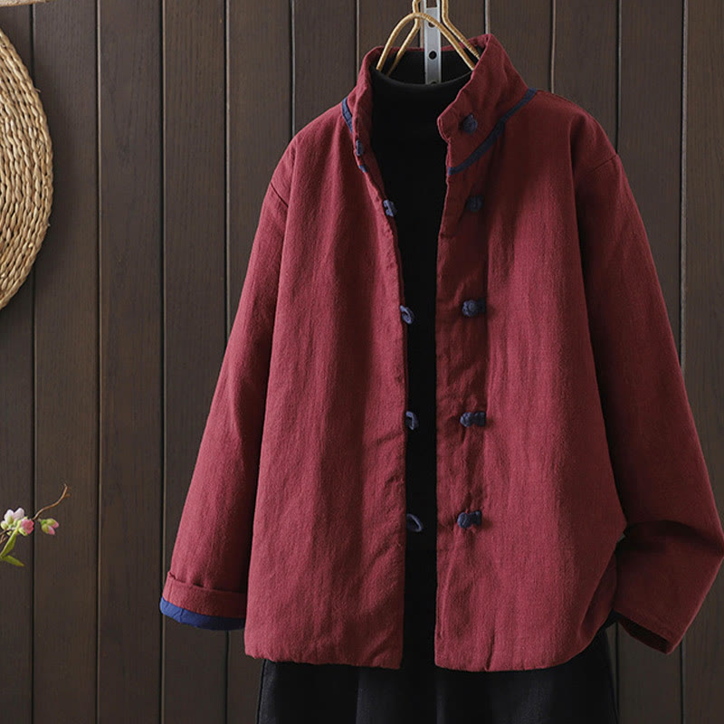 Giacca da donna in cotone e lino con collo alto e bottoni a rana, tinta unita, con motivo Buddha Stones. - Marrone - US8-10, UK/AU12-14, EU40-42 (2XL) - image 0