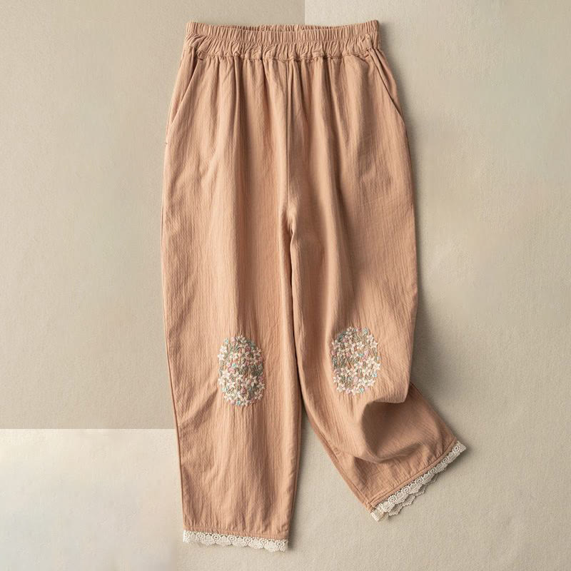 Pantaloni harem in cotone ricamati con pizzo casual Buddha Stones tasche - SandyBrown - US14, UK/AU18, EU46 (4XL) - image 0