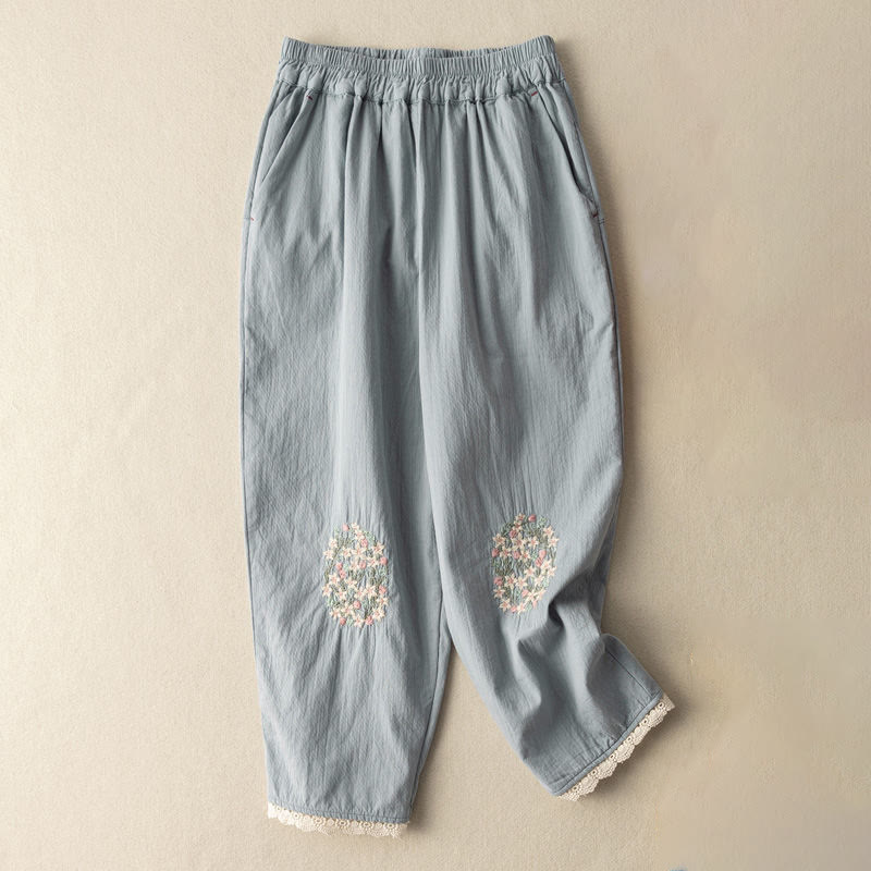 Pantaloni harem in cotone ricamati con pizzo casual Buddha Stones tasche