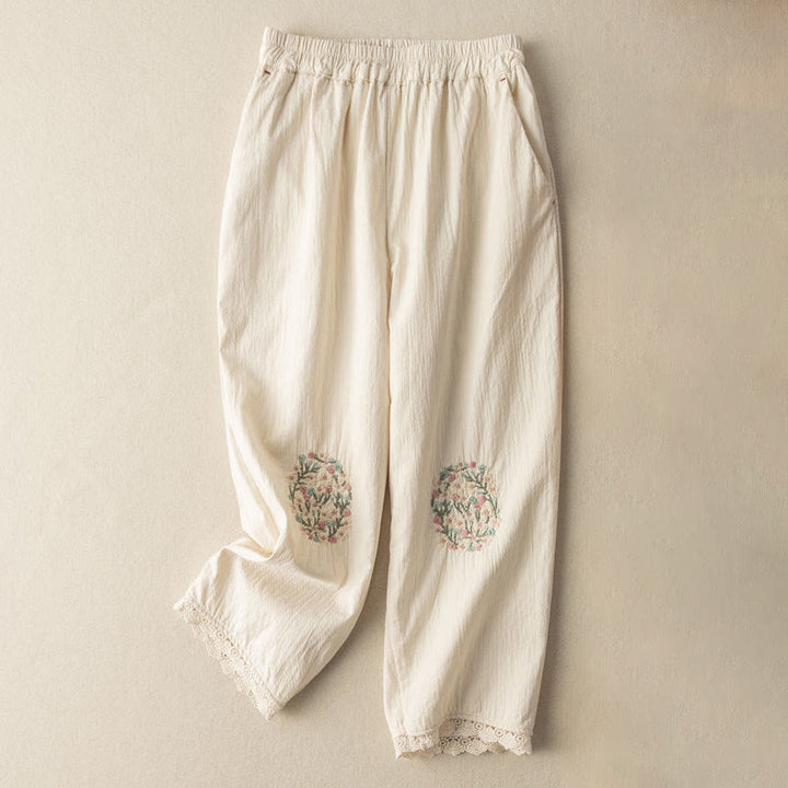 Pantaloni harem in cotone ricamati con pizzo casual Buddha Stones tasche