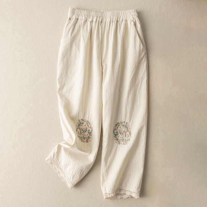 Pantaloni harem in cotone ricamati con pizzo casual Buddha Stones tasche - Bianco - US14, UK/AU18, EU46 (4XL) - image 7