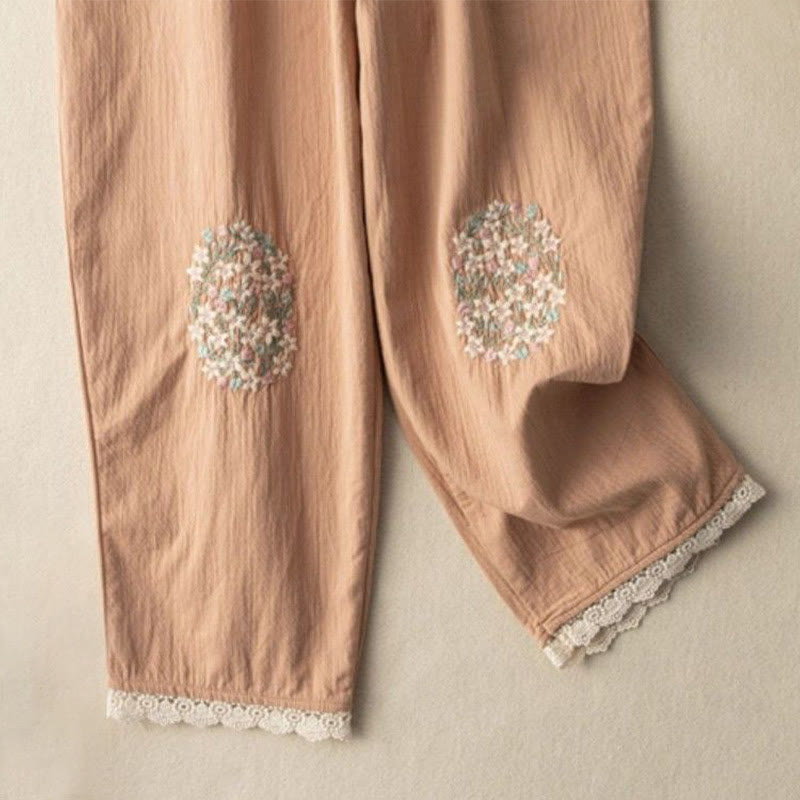 Pantaloni harem in cotone ricamati con pizzo casual Buddha Stones tasche