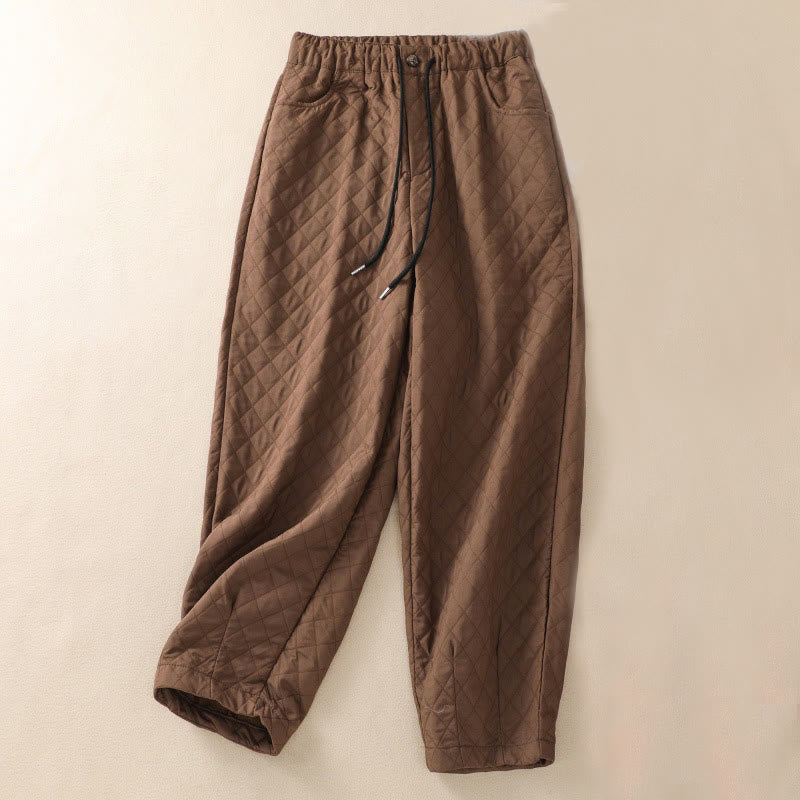 Pantaloni harem con coulisse in cotone a quadri semplici con tasche, autunno inverno, Buddha Stones - Marrone sella - US14, UK/AU18, EU46 (4XL) - image 0