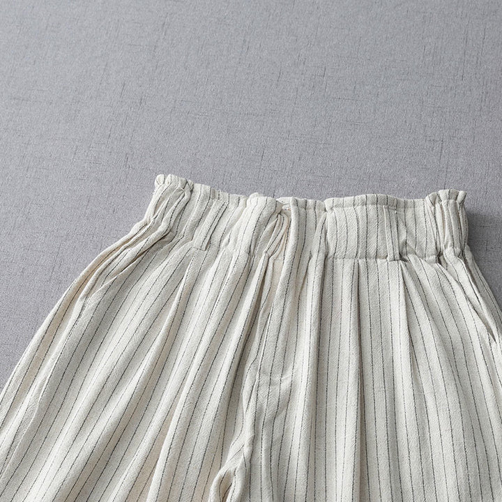 Pantaloni a gamba larga a vita alta in cotone e lino a righe verticali Buddha Stones con tasche