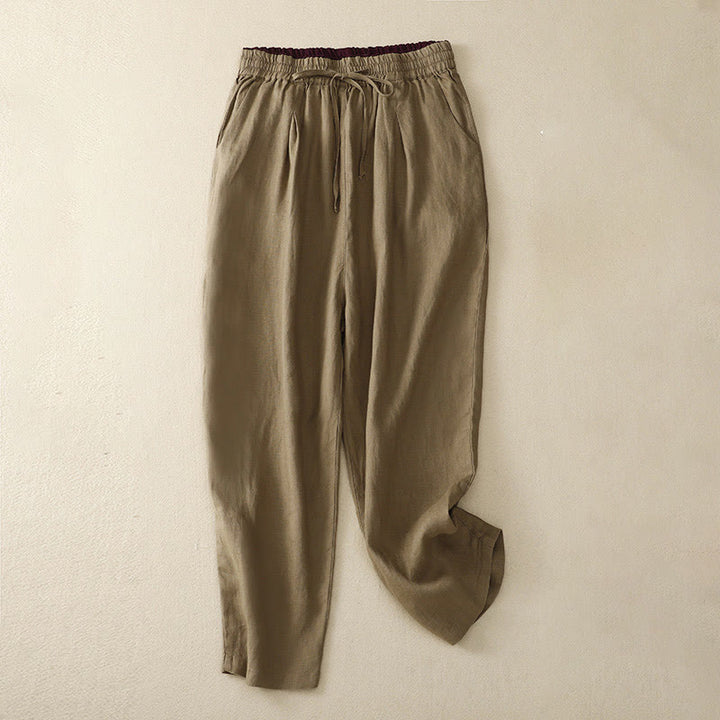 Pantaloni harem in lino e cotone con lacci a vita alta vintage Buddha Stones con tasche