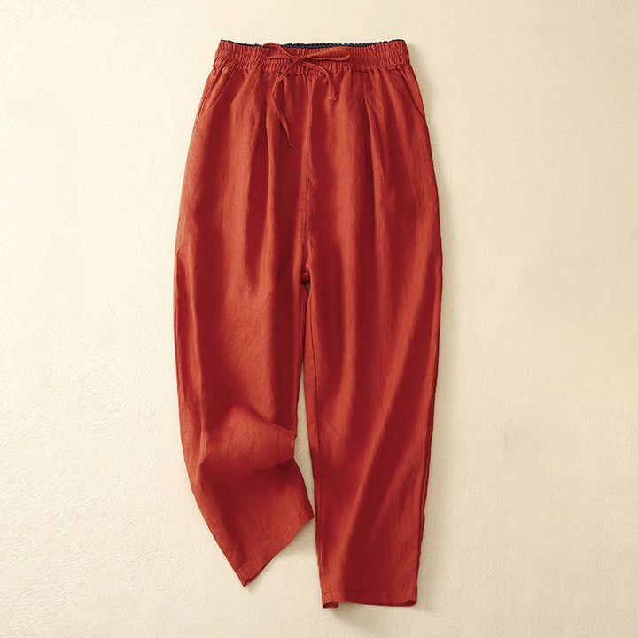 Pantaloni harem in lino e cotone con lacci a vita alta vintage Buddha Stones con tasche