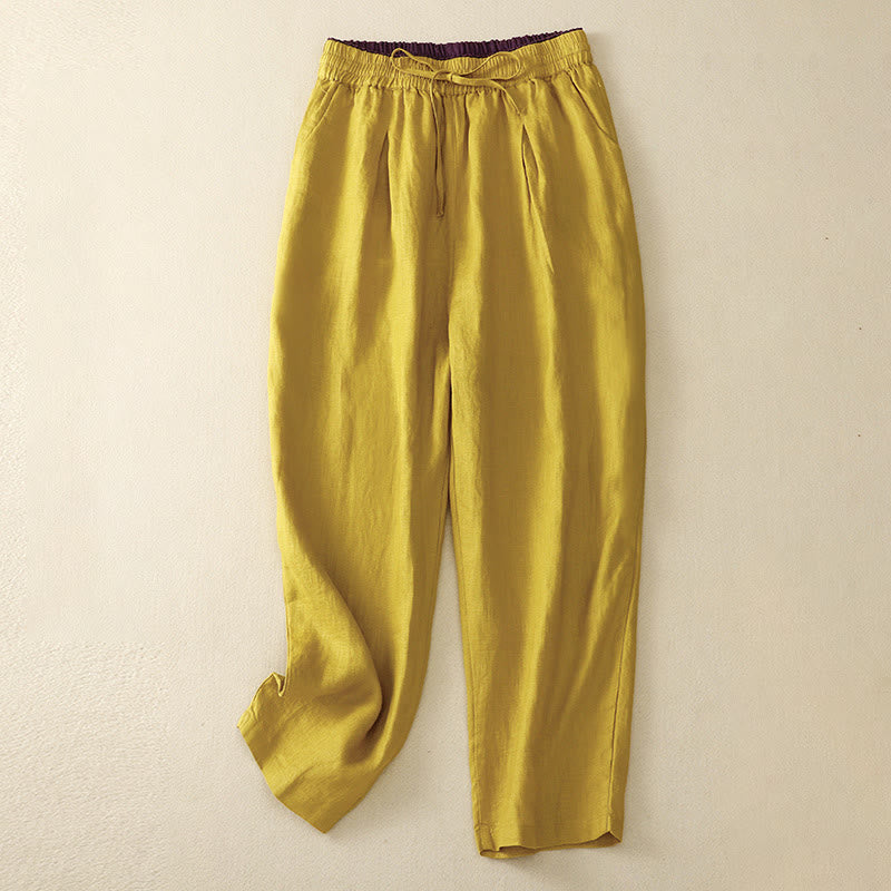 Pantaloni harem in lino e cotone con lacci a vita alta vintage Buddha Stones con tasche
