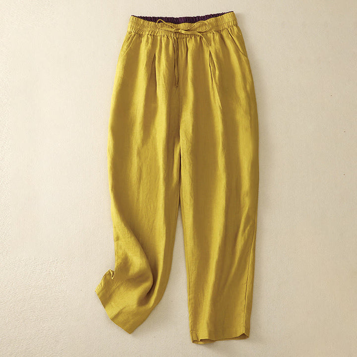 Pantaloni harem in lino e cotone con lacci a vita alta vintage Buddha Stones con tasche