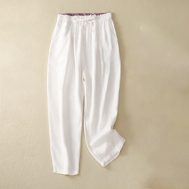 Pantaloni harem in lino e cotone con lacci a vita alta vintage Buddha Stones con tasche
