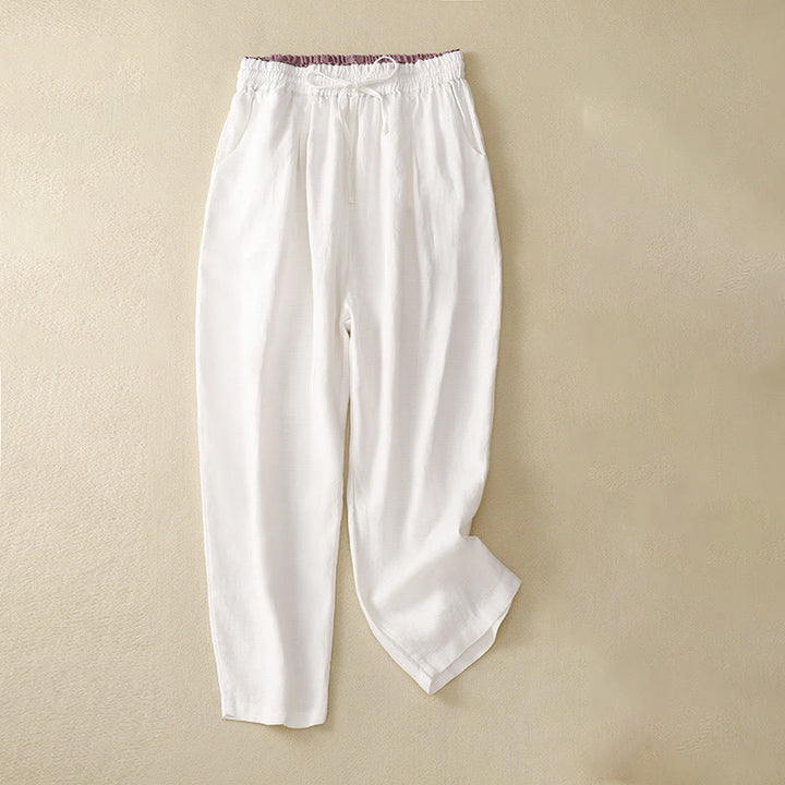 Pantaloni harem in lino e cotone con lacci a vita alta vintage Buddha Stones con tasche