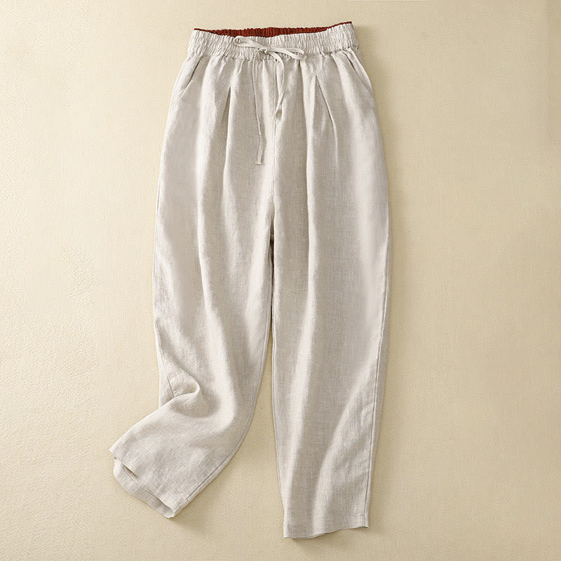 Pantaloni harem in lino e cotone con lacci a vita alta vintage Buddha Stones con tasche