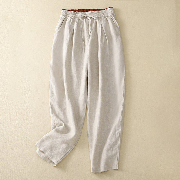 Pantaloni harem in lino e cotone con lacci a vita alta vintage Buddha Stones con tasche