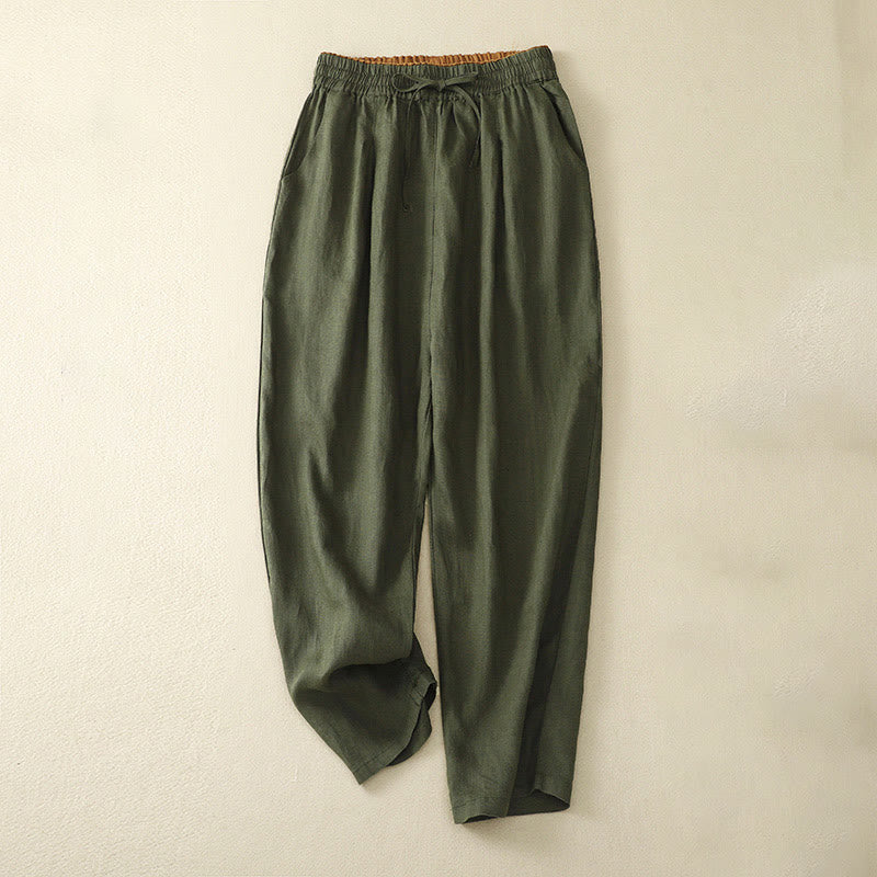 Pantaloni harem in lino e cotone con lacci a vita alta vintage Buddha Stones con tasche