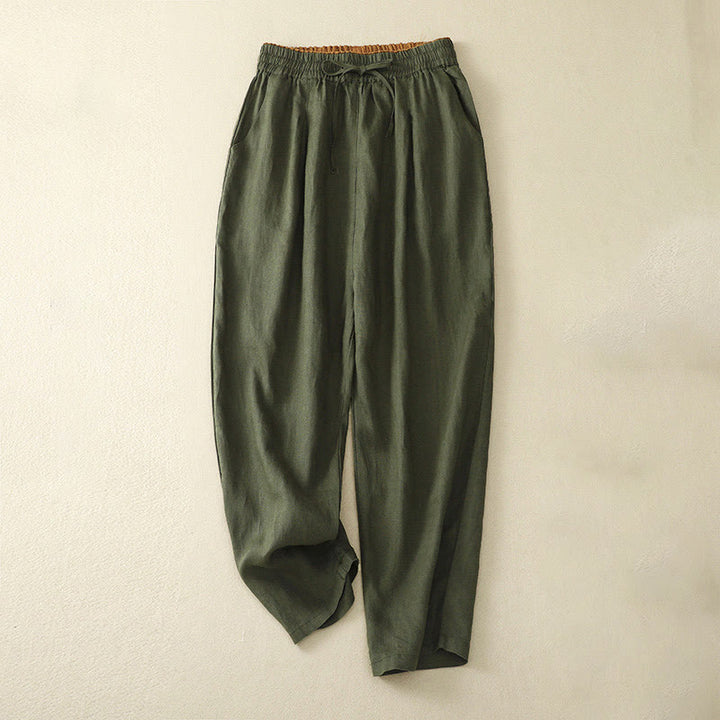 Pantaloni harem in lino e cotone con lacci a vita alta vintage Buddha Stones con tasche