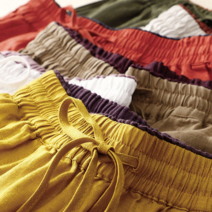Pantaloni harem in lino e cotone con lacci a vita alta vintage Buddha Stones con tasche