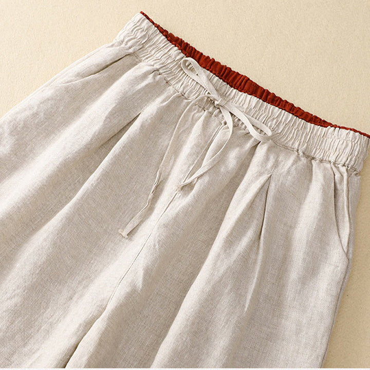 Pantaloni harem in lino e cotone con lacci a vita alta vintage Buddha Stones con tasche