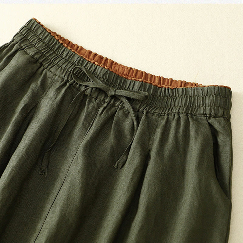 Pantaloni harem in lino e cotone con lacci a vita alta vintage Buddha Stones con tasche