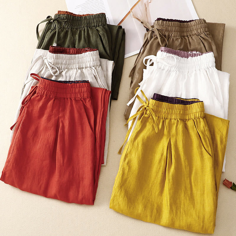 Pantaloni harem in lino e cotone con lacci a vita alta vintage Buddha Stones con tasche