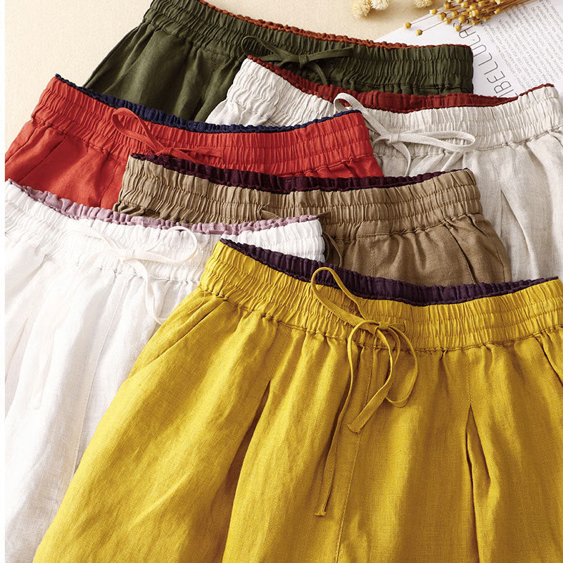 Pantaloni harem in lino e cotone con lacci a vita alta vintage Buddha Stones con tasche