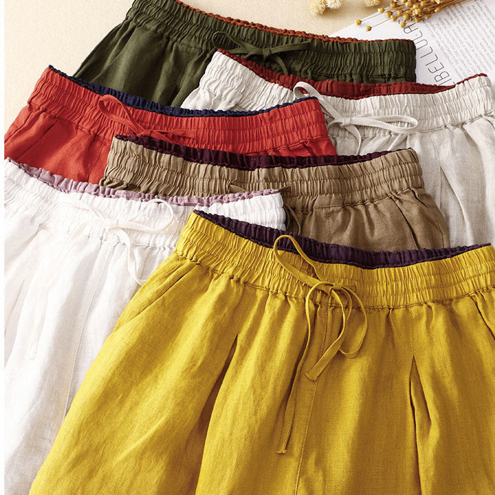 Pantaloni harem in lino e cotone con lacci a vita alta vintage Buddha Stones con tasche