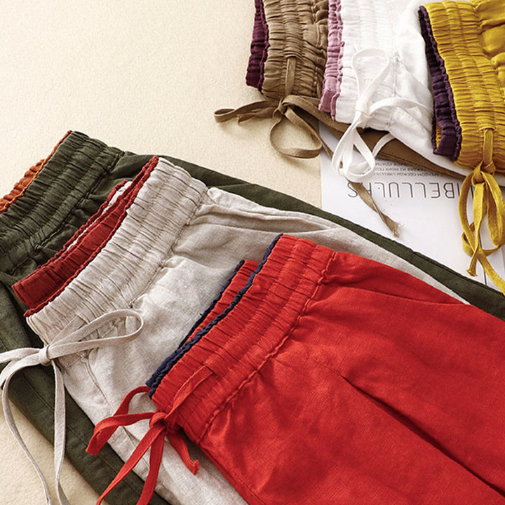 Pantaloni harem in lino e cotone con lacci a vita alta vintage Buddha Stones con tasche