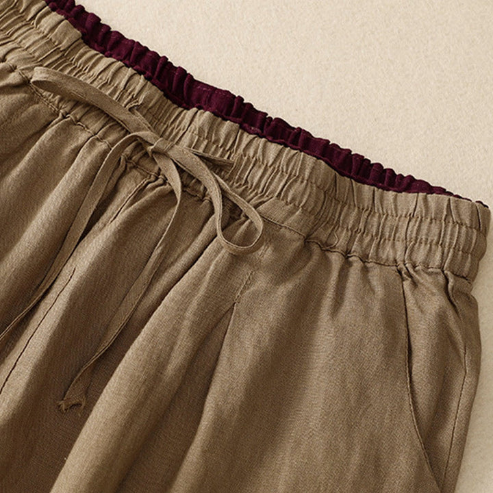 Pantaloni harem in lino e cotone con lacci a vita alta vintage Buddha Stones con tasche